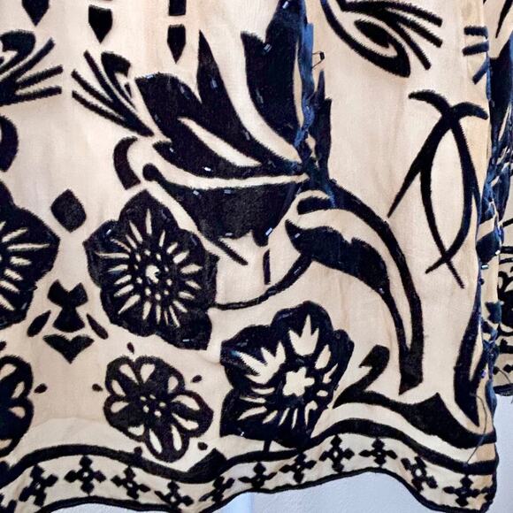 *SILK Beaded Burnout Velvet Sweetheart V-Neck Boho Babydoll Blouse Womens Large - Picture 4 of 14
